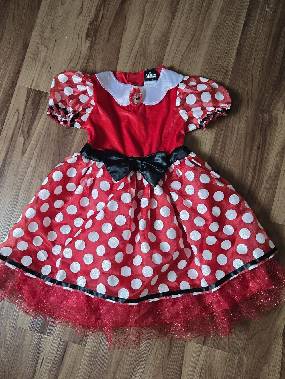 Disney Minnie Mouse Red Polka Dot Kids Tiered Costume Dress & Black Bow 6/6X EUC